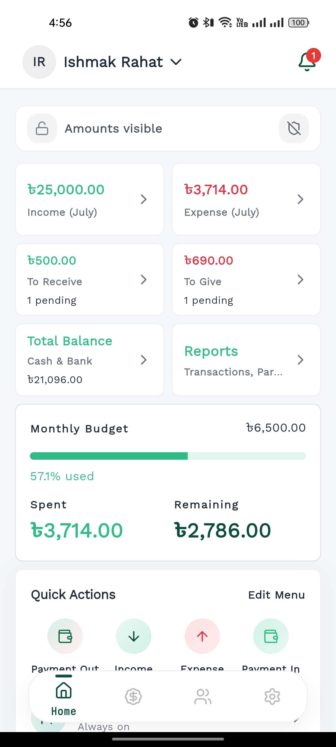 Budget Mint home dashboard with income, expenses, and monthly budget