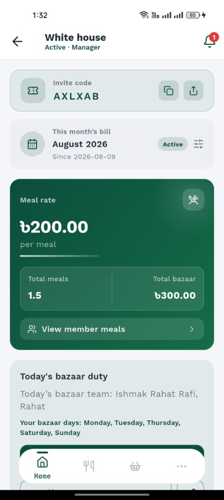 Meal Mess home — meal rate and balances